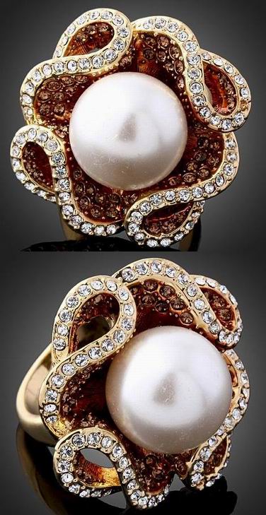 14mm SWAROVSKI PEARL BROWN CRYSTAL RING-sz7.5